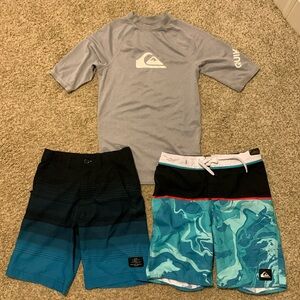 Boys 3 piece swimsuit / swim shirt bundle, Quicksilver and Tony Hawk